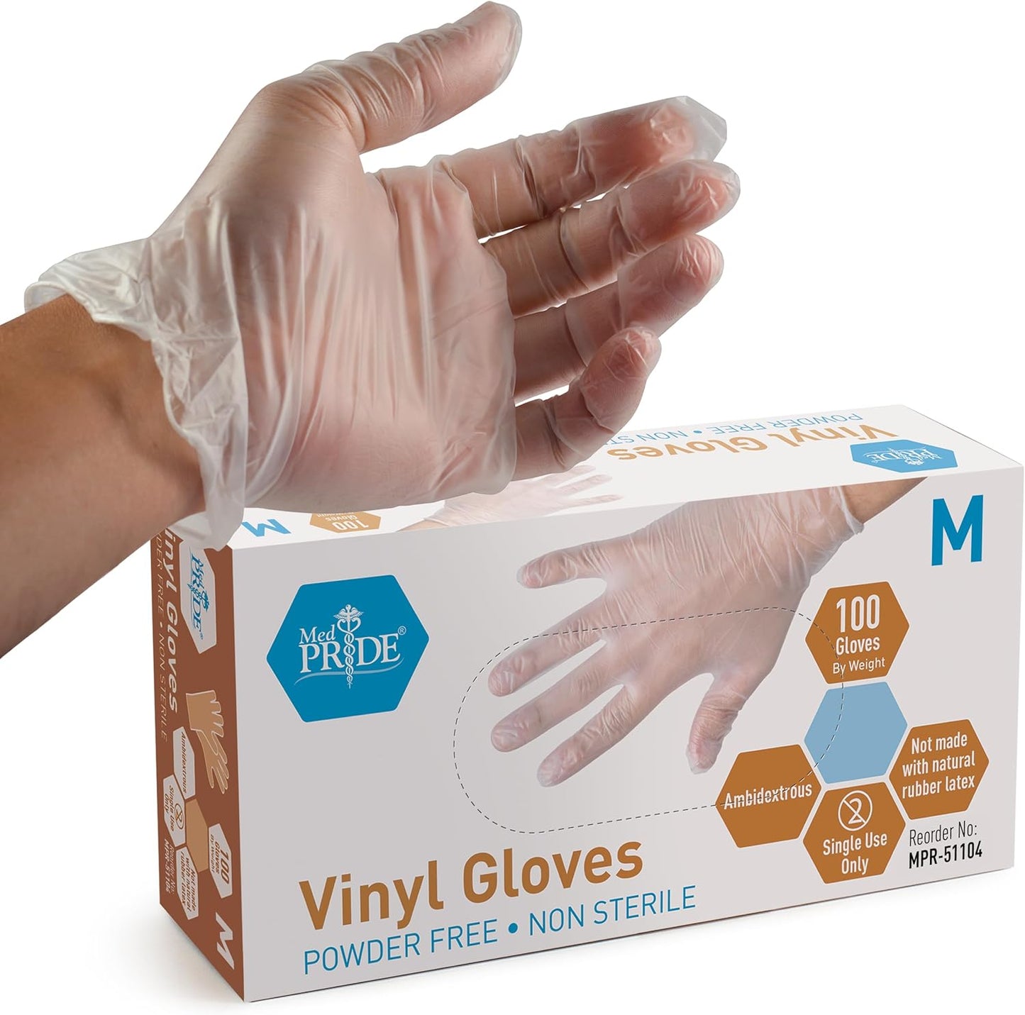Med PRIDE Vinyl Gloves - Medium Box of 100 | 4.3 Mil Thick, Powder-Free, Heavy-Duty Disposable Gloves for Healthcare & Food Handling