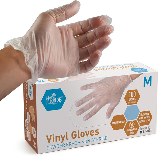 Med PRIDE Vinyl Gloves - Medium Box of 100 | 4.3 Mil Thick, Powder-Free, Heavy-Duty Disposable Gloves for Healthcare & Food Handling
