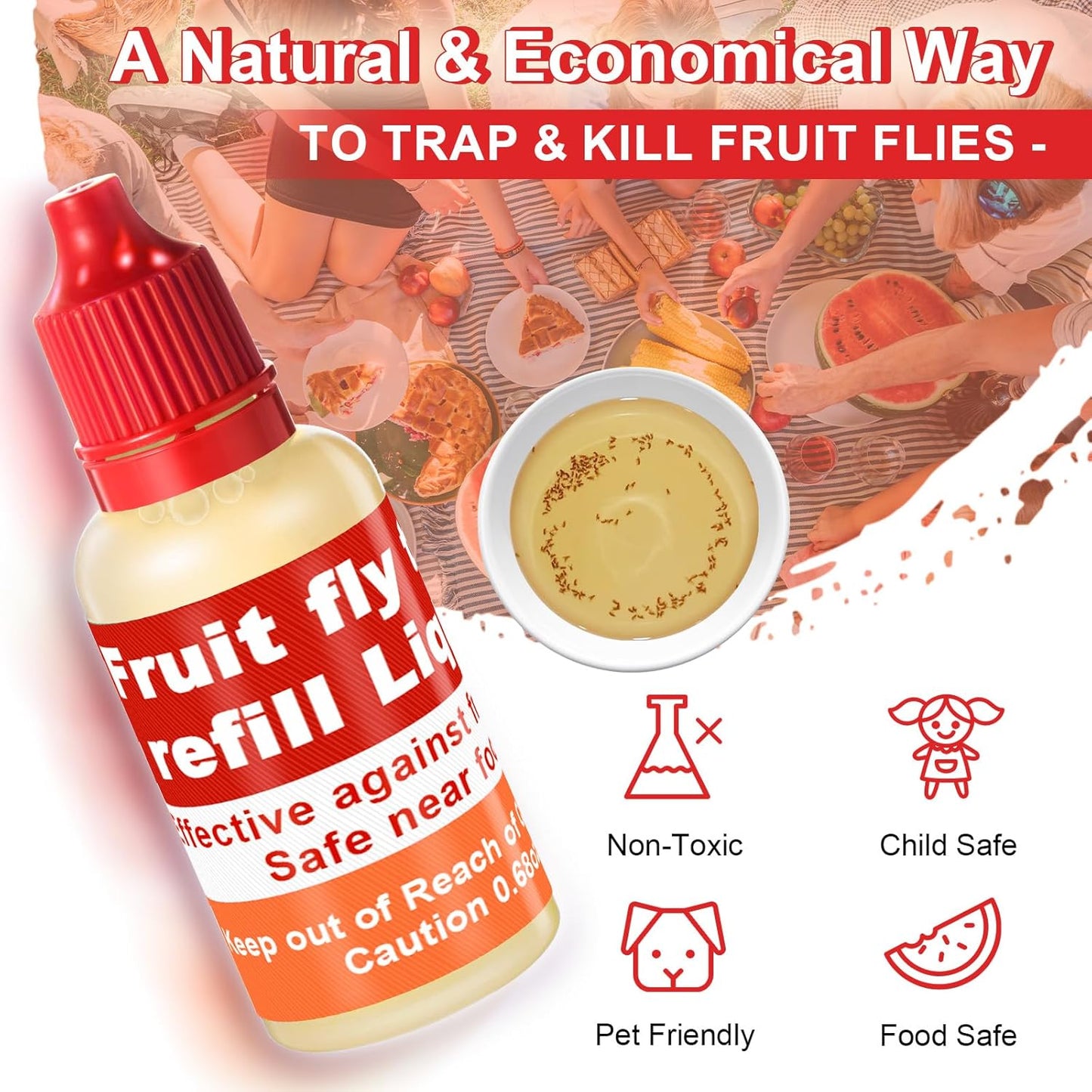 Qualirey Fruit Fly Trap Refill Liquid - 8 Pack, 0.68oz Bottles, Non-Toxic & Safe for Indoor Use