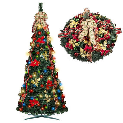 6ft Pop Up Christmas Tree with Lights - Pre-Lit, Collapsible, Decorated (Red & Green)