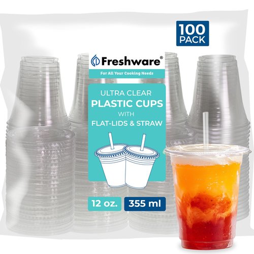 Freshware 12 oz Clear Disposable Plastic Cups with Flat Lids and Straws, 100 Pack Clear Plastic Cups Tumblers, Heavy-duty Party Glasses, Disposable Cups for Thanksgiving, Halloween, Christmas Party