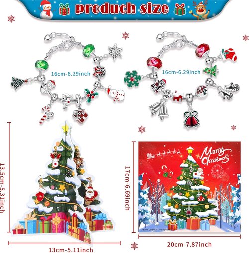 Advent Calendar 2025 | Kids' 24-Day Christmas Countdown with DIY Charm Beads & Bracelets - Red & Green
