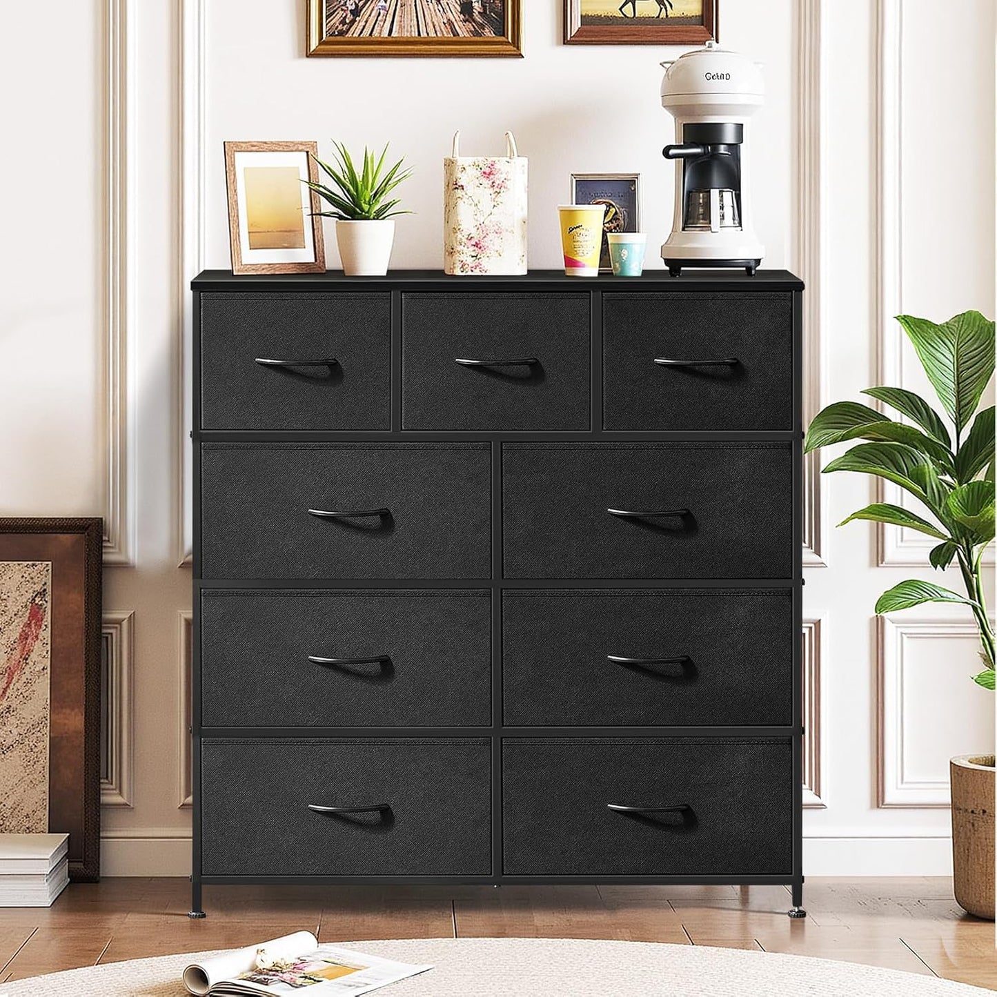 Skiennix 9-Drawer Dresser - Anti-Tip Tall Storage Organizer with Wooden Top & Metal Frame | Black