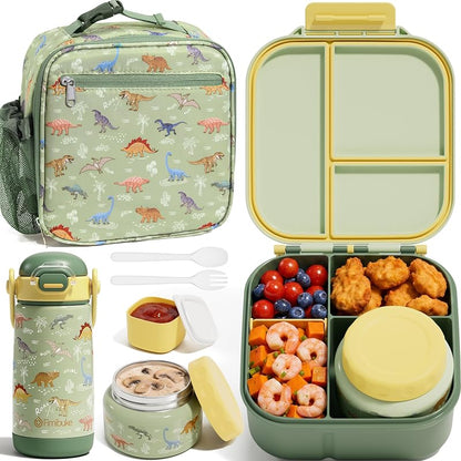 Fimibuke Kids Bento Lunch Box Set with Insulated Bottle, Bag & Utensils - Dinosaur Variation