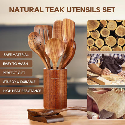 Mooues 9-Piece Natural Teak Wooden Kitchen Utensil Set - Comfort Grip Cooking Tools with Spoon Rest