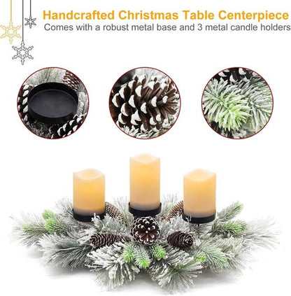 Flocked Pine Needles Christmas Table Centerpiece by [Brand Name] - 27.5 Inch with Frosted Pine Cones | Snowy Design