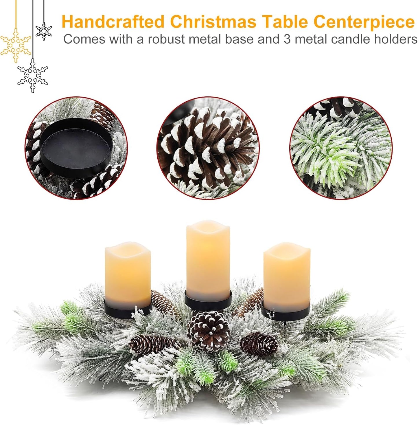 Skiennix Christmas Table Centerpiece - 27.5 Inch Flocked Pine Needles & Frosted Pine Cones | Snowy Design