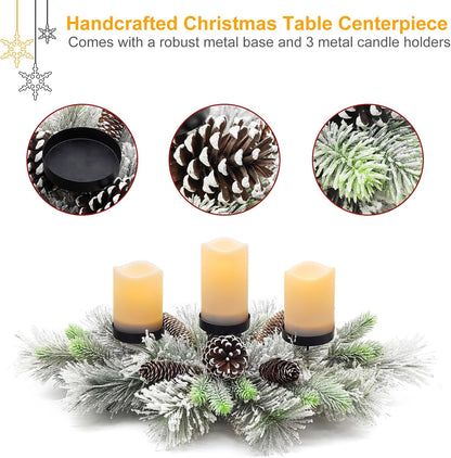 Skiennix Christmas Table Centerpiece - 27.5 Inch Flocked Pine Needles & Frosted Pine Cones | Snowy Design