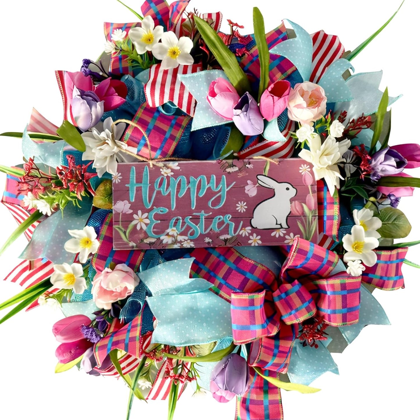 Spring Easter Bunny Wreath - 22 Inch Floral Design with Pink Tulips for Front Door Decor