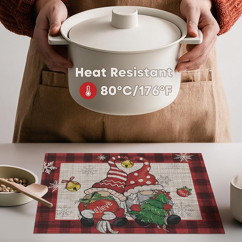Gnomes Red Buffalo Plaid Christmas Placemats Set of 4, 12 x 18 in, Washable Vinyl