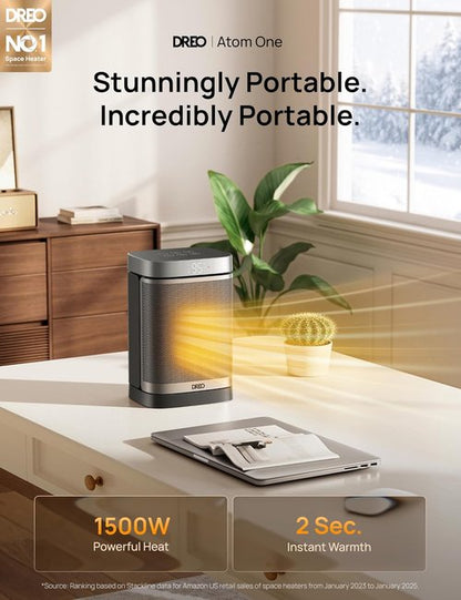 DREO Portable Electric Space Heater - 1500W PTC Ceramic with Remote, 70° Oscillation & 12H Timer
