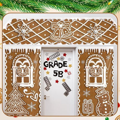 HunnmingRe Christmas Gingerbread House Decorations - 3 Pcs Door Covers & Backdrop | Snowflakes Style