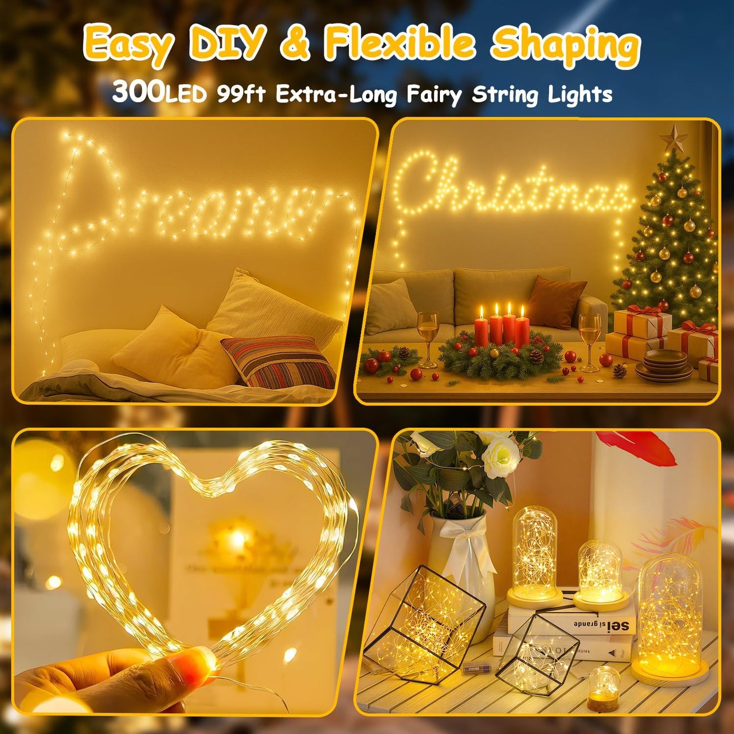 Skiennix 300 LED Fairy Lights - Twinkle String Lights with Remote & Timer | 99ft Warm White Copper Wire Decor