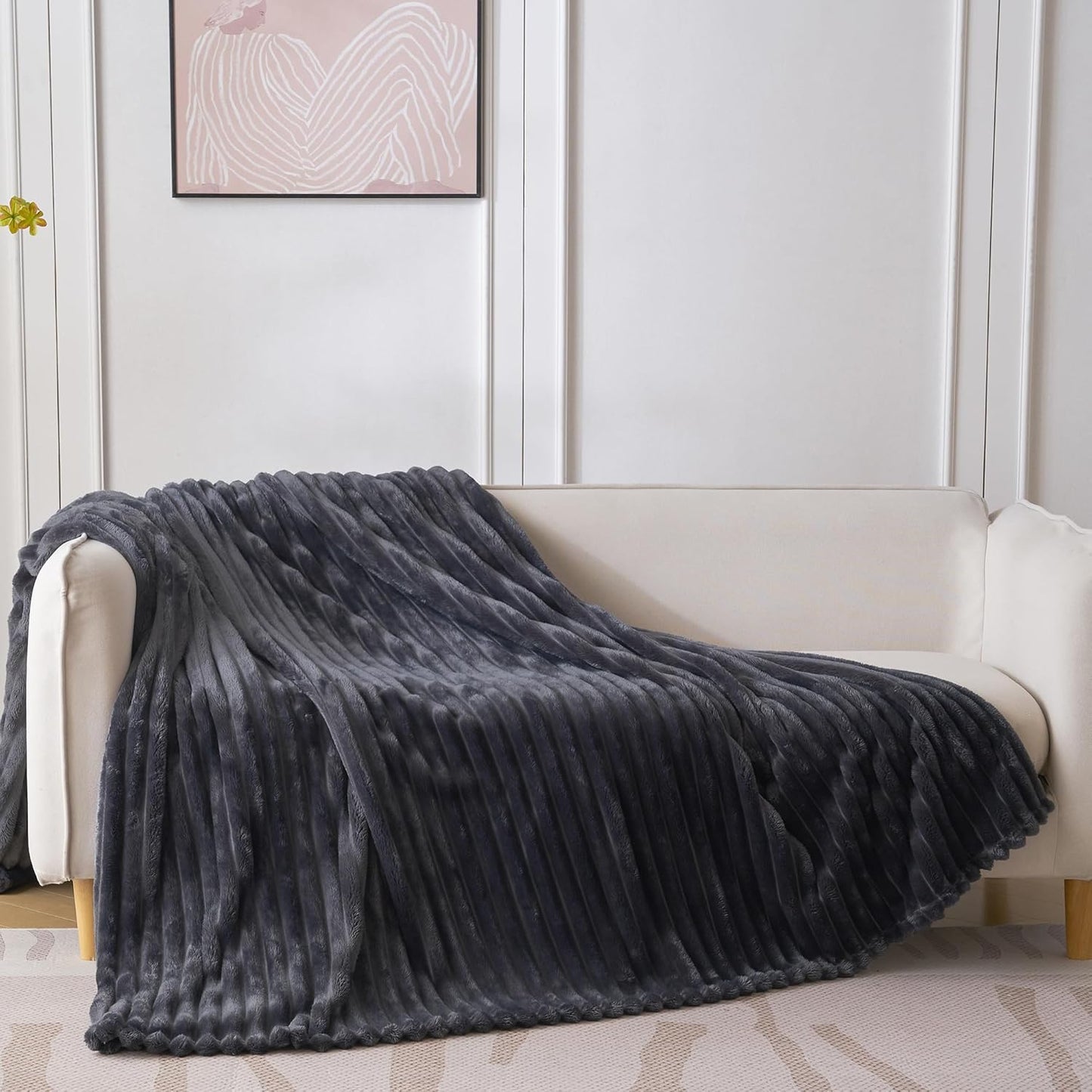 Skiennix Super Soft Queen Blanket - Premium Silky Flannel Fleece, 3D Striped Jacquard Design, 90x90 Inches, Dark Grey