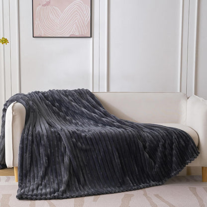 Skiennix Super Soft Queen Blanket - Premium Silky Flannel Fleece, 3D Striped Jacquard Design, 90x90 Inches, Dark Grey