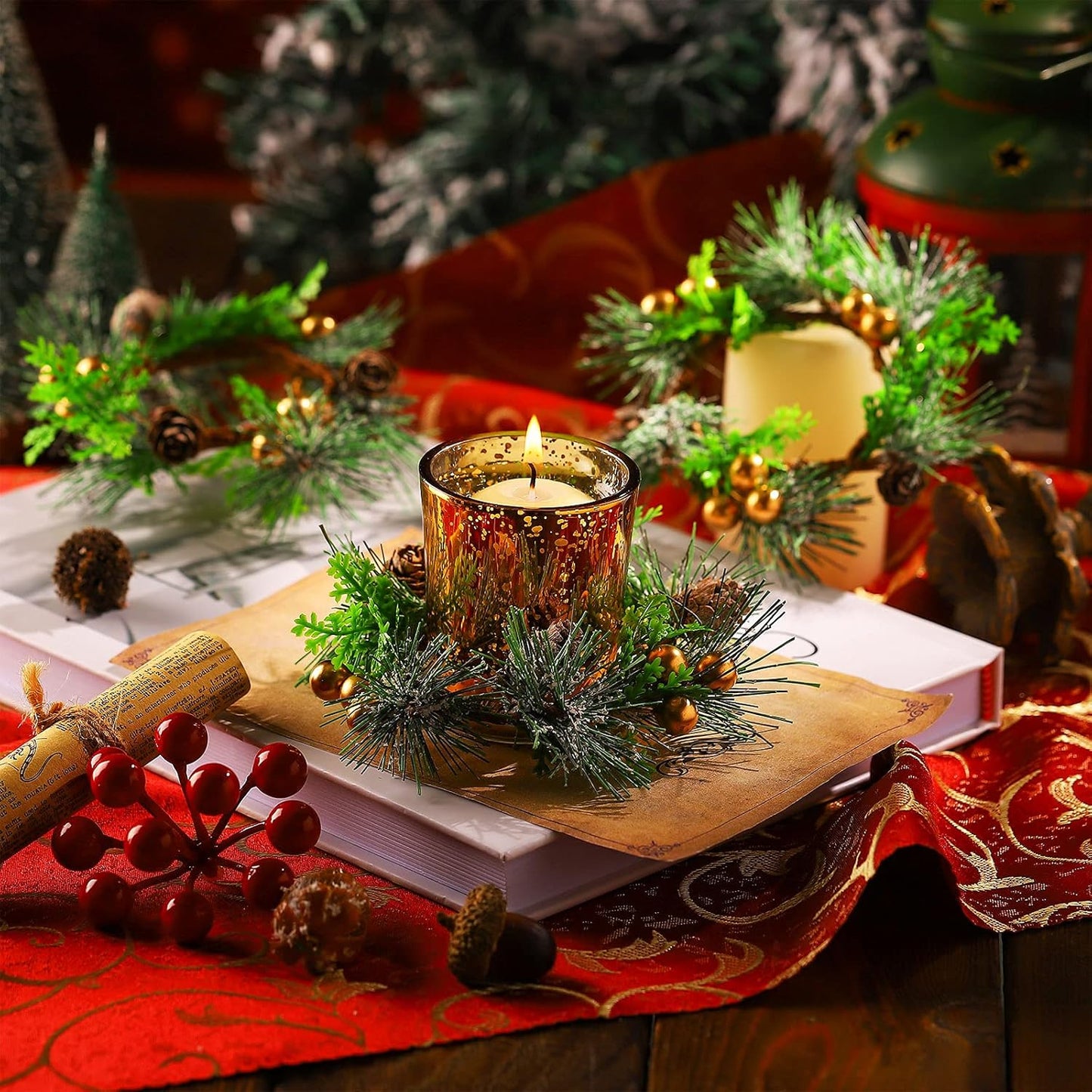 Regine Switzerland Christmas Candle Rings - 6 Pcs Mini Wreaths with Berries & Pine Cones | 4.7 Inch Holiday Decor