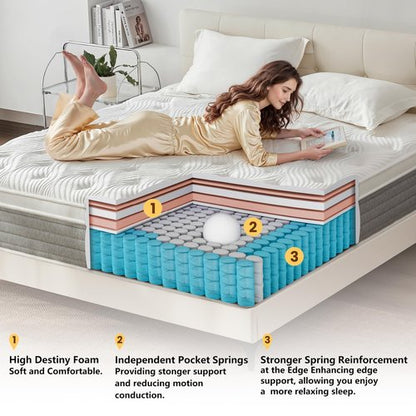 Fynterra Queen Mattress, 12 Inch Queen Mattress for Medium Firm, Individual Pocketed Springs for Pressure Relief & Low Motion Transfer, CertiPUR-US Certified