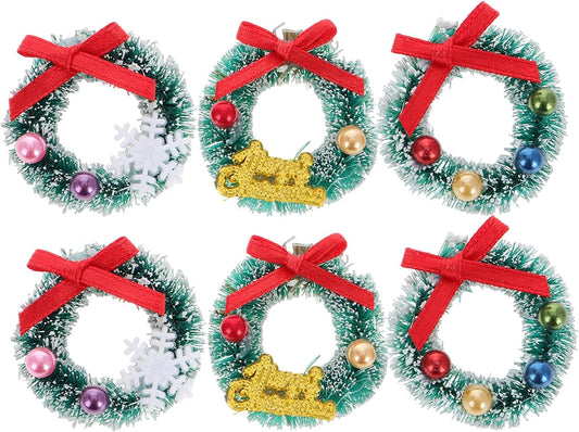 Skiennix Mini Christmas Wreaths - 6pcs Frosted Sisal Hanging Ornaments for Dollhouse Decor