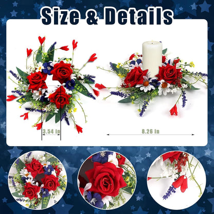 Veterans Day Candle Rings - 4 Pcs Red, White & Blue Mini Floral Wreaths for Patriotic Decor