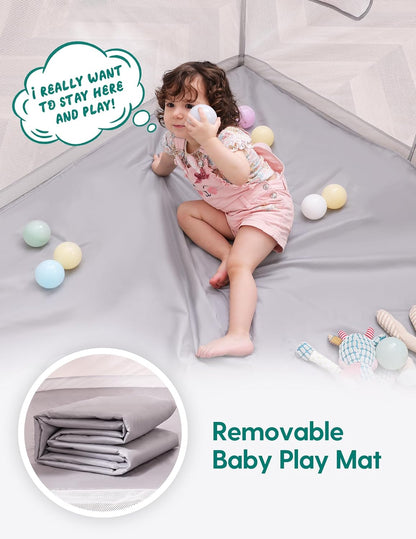 Babelio Foldable Baby Playpen - Portable 54.5" Playard with Mat for Indoor & Outdoor Use | Grey