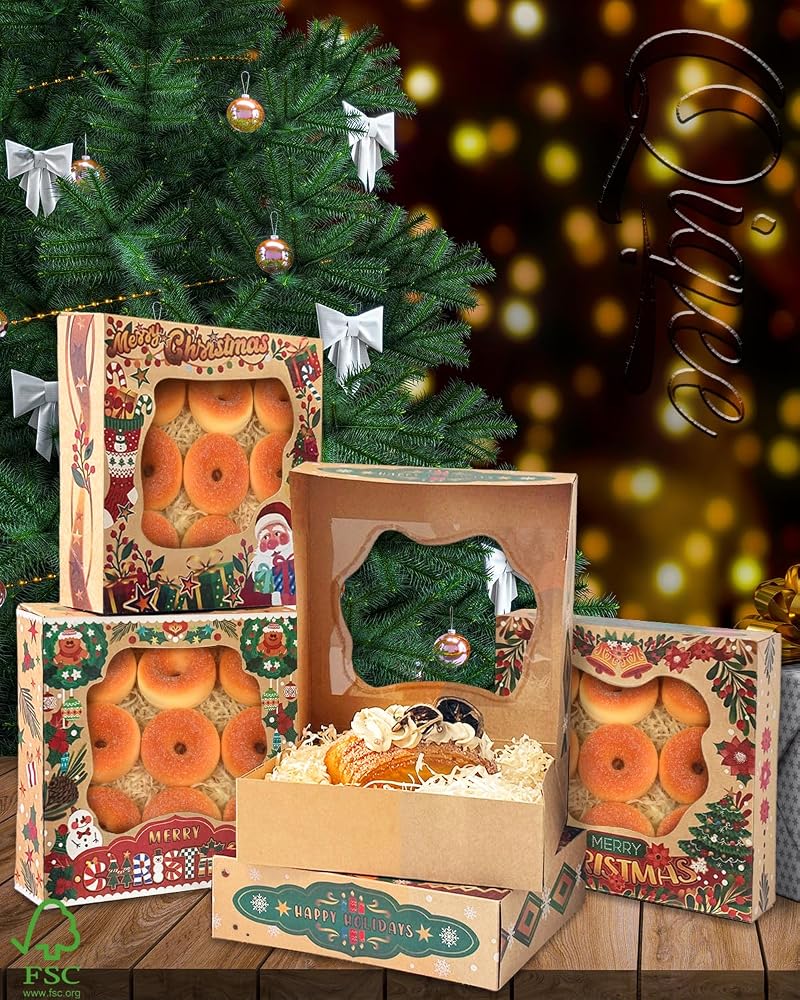 Christmas Kraft Cookie Boxes with Window 30 Pcs 9x9x2.5in - Gift Set, Easy Assemble