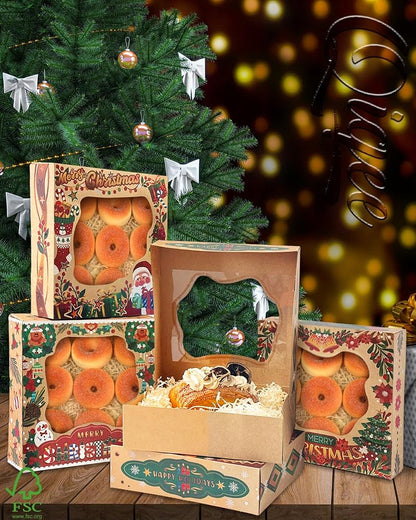 Christmas Kraft Cookie Boxes with Window 30 Pcs 9x9x2.5in - Gift Set, Easy Assemble