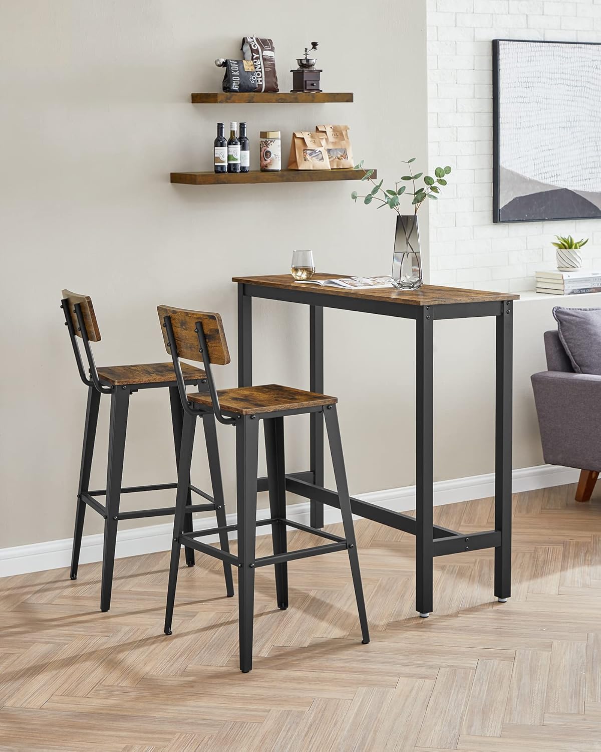 VASAGLE Bar Stools Set of 2 - 29.1-Inch Tall Industrial Style Chairs with Back - Rustic Brown & Ink Black