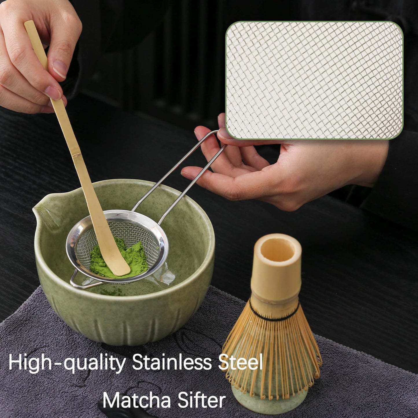 TANG PIN Matcha Whisk Set, 15 OZ Matcha Bowl, Matcha Whisk and Stand, Scoop, Spoon, Sifter, Coaster, Cleaning Brush and Tea Towel, 10 Pcs Perfect Matcha Kit for Matcha Tea Ceremony