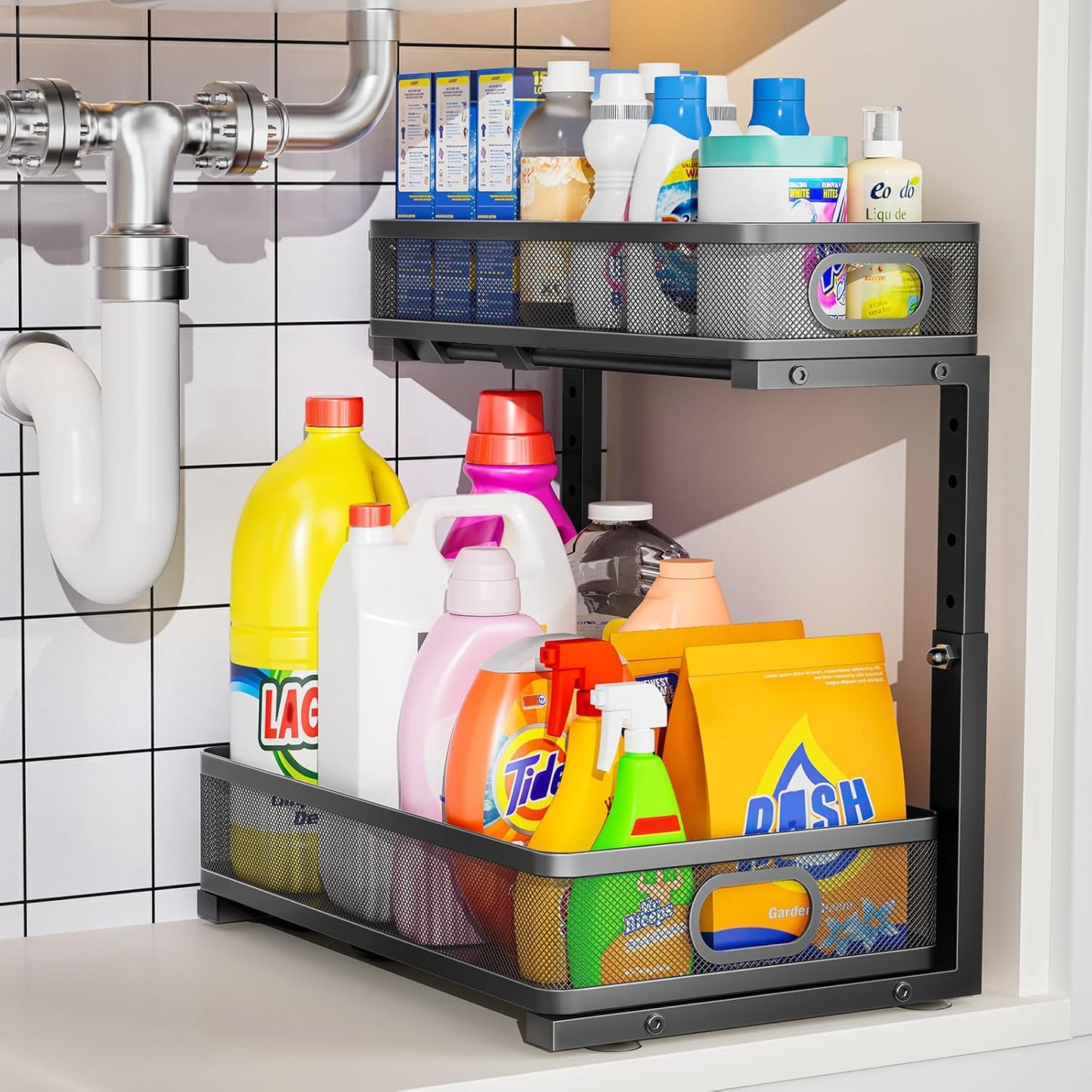 Under Sink Organizer - Adjustable 2-Tier Metal Storage Solution | Pull-Out Drawer for Kitchen & Bathroom (Black)