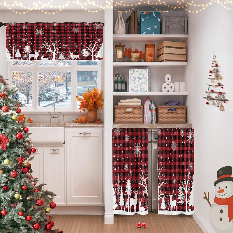 Christmas Kitchen Curtains Tier Set - Red Plaid, 3 Pieces (Valance + 2 Panels) - Variation: Christmas Red Plaid