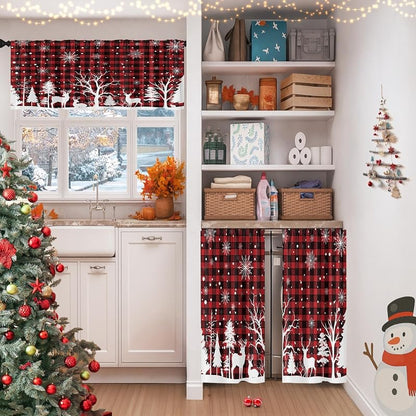 Christmas Kitchen Curtains Tier Set - Red Plaid, 3 Pieces (Valance + 2 Panels) - Variation: Christmas Red Plaid