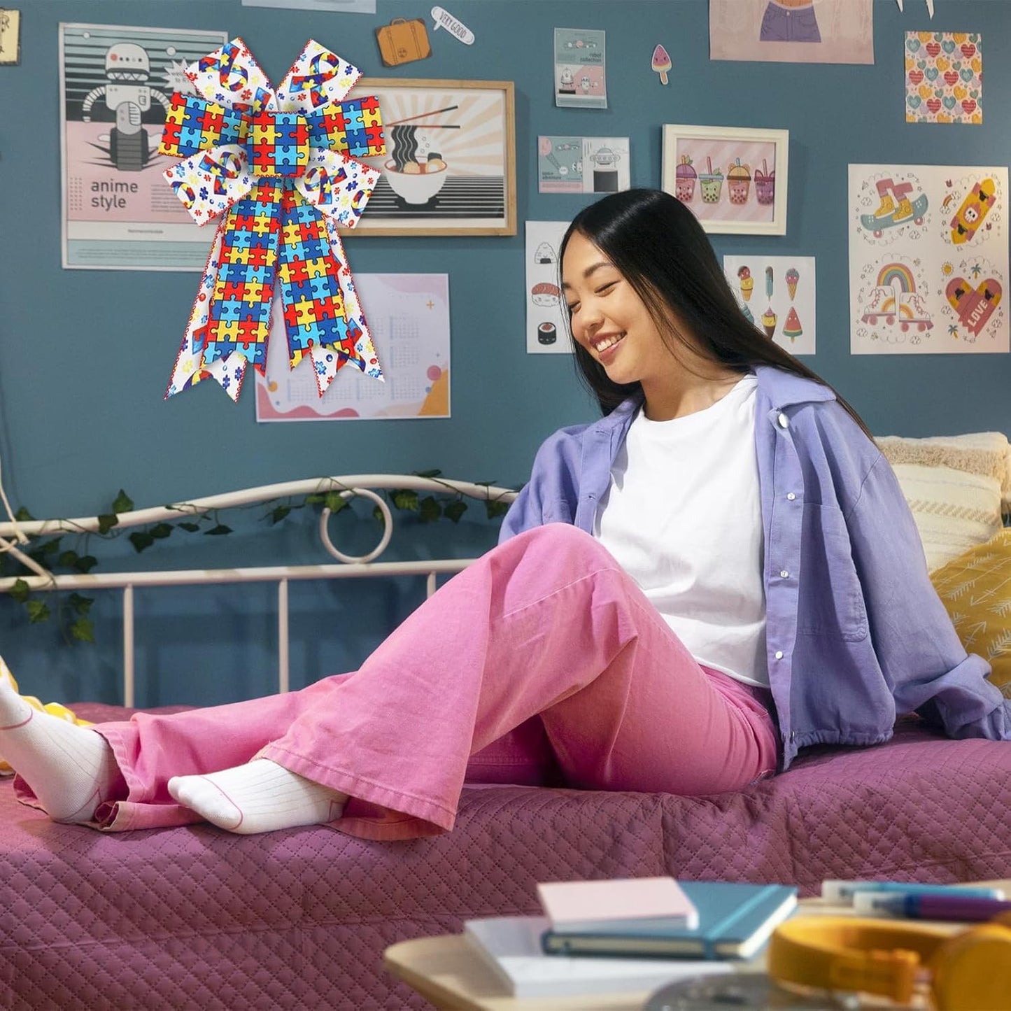 Skiennix Autism Awareness Wired Ribbon - 2 Rolls, 10 Yards, 2.5 Inch Puzzle Piece Design for Crafts & Decorations