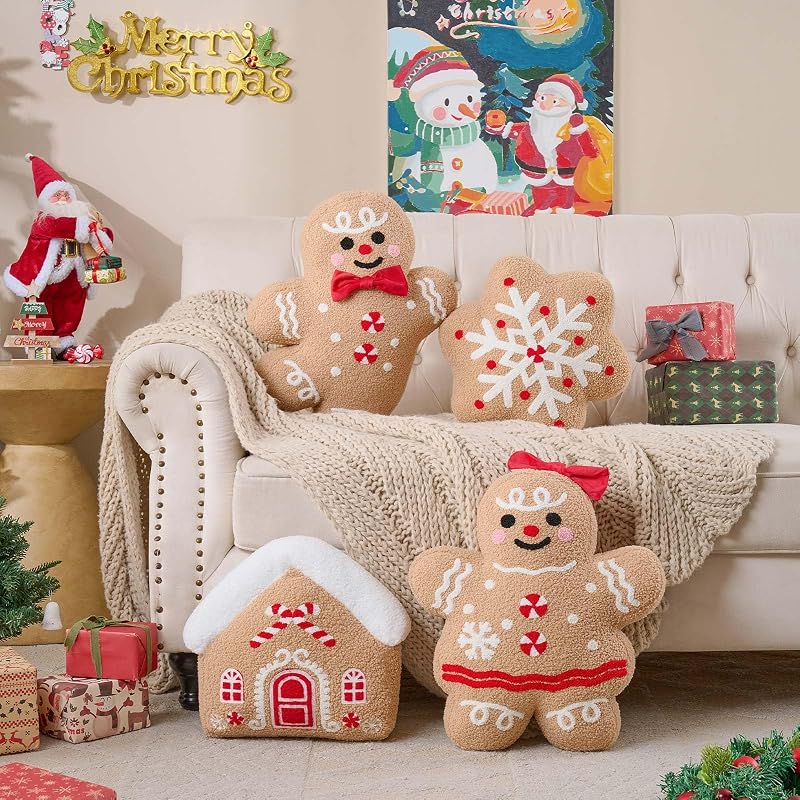 Lanpn 2-Pack Christmas Gingerbread Man Throw Pillows - Boy & Girl, 18.3'' x 15.2'' & 18.5'' x 16.3'', Soft Fleece Sherpa Xmas Decor