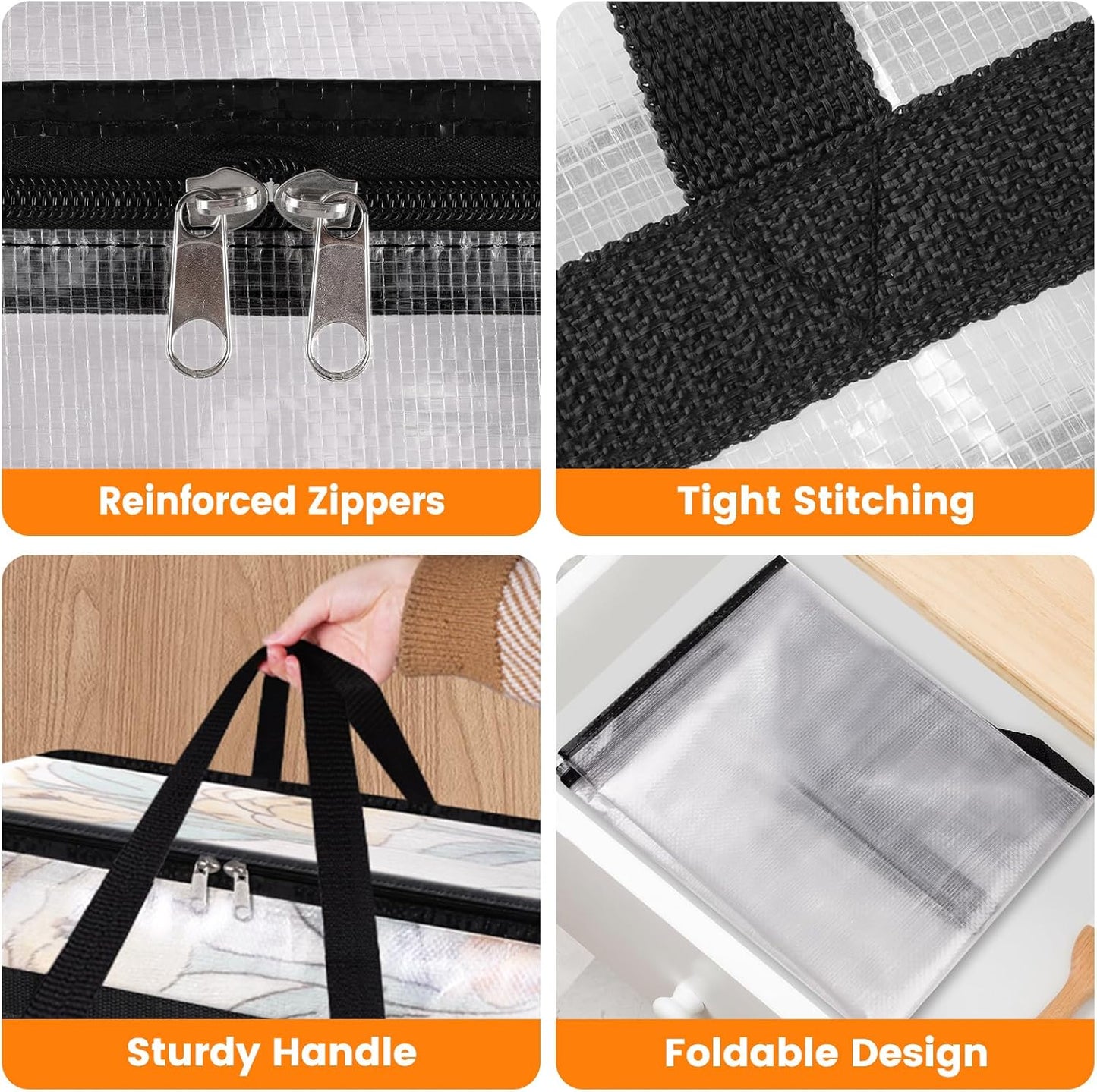 BlissTotes Clear Clothes Storage Bags - 4 Pack Foldable Under Bed Containers with Sturdy Zipper (40L)