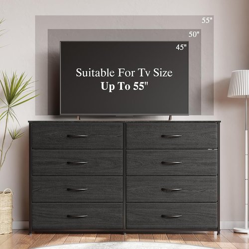 Furnulem Wide Dresser - 8 Fabric Drawers & Wood Top | TV Entertainment Center for 55'' TV (Black Oak)