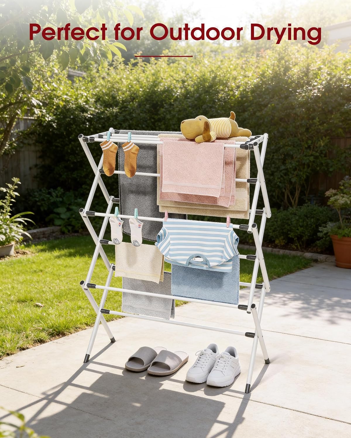 Sakugi Foldable Clothes Drying Rack - Space-Saving 3-Tier Metal Laundry Rack for Indoor & Outdoor Use | 11.4"D x 29.1"W x 37.4"H, White and Black