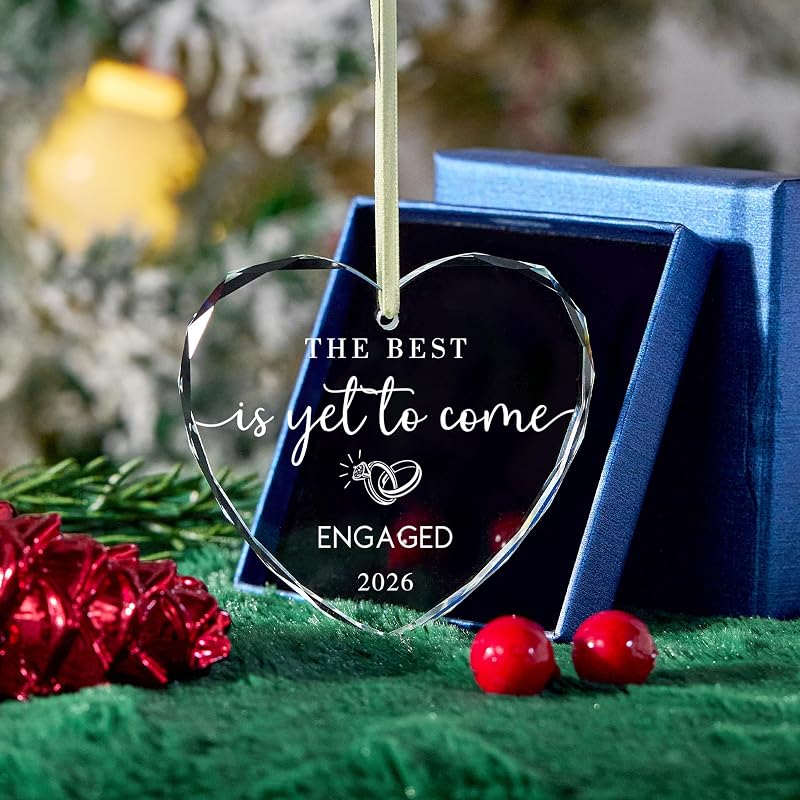 Engaged Ornament - 2026 Heart Glass Christmas Gift for Bride to Be Variation Engaged -1+2026