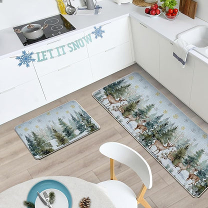 Winter Forest Reindeer Kitchen Rugs Set of 2 - Winter Woodland Variation