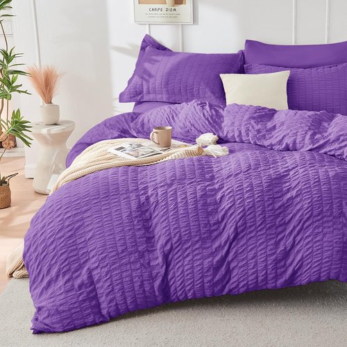 HYMOKEGE King Size Comforter Set - Bright Purple Seersucker 7-Piece Luxury Bedding Set