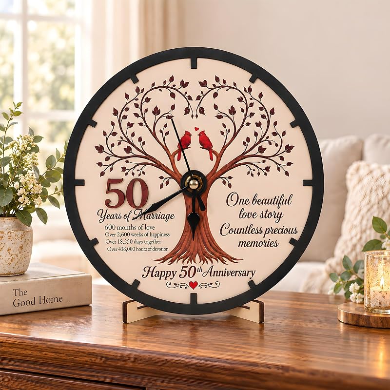 50th Anniversary Wooden Clock Keepsake - Tree of Life, Cardinal Design, 7-Inch Desk Clock