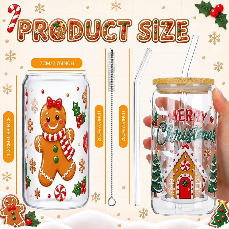 6 Pcs Christmas Glass Cups with Lids, Straws & Stoppers - Gingerbread Man (Variation of THIS listing: 6+Gingerbread Man)