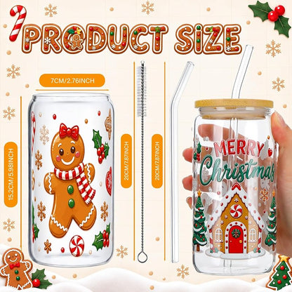 6 Pcs Christmas Glass Cups with Lids, Straws & Stoppers - Gingerbread Man (Variation of THIS listing: 6+Gingerbread Man)