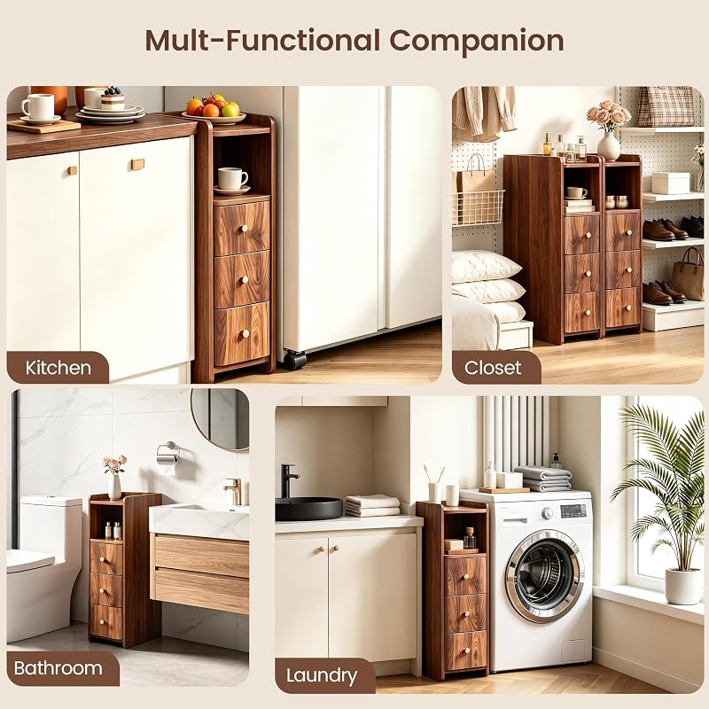 Walnut 3-Drawer Tall Nightstand - 27.56"H Narrow Bedside Storage, 7.87"W, 15.75"D