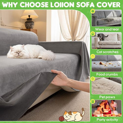 Loiion Velvet Sofa Cover, Ultra Soft Waterproof Non-Slip Couch Cover for Pets, Cat-Scratch Resistant Couch Cover, Pet & Kid Proof Scratch & Hair Resistant Washable Furniture Protector 118"X71" Grey