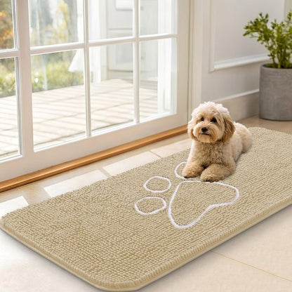 OLANLY Dog Door Mat for Muddy Paws 47x20, Paw Print Design, Absorbs Moisture and Dirt, Absorbent Non-Slip Washable Doormat, Quick Dry Chenille Mud Mat for Dogs, Entry Indoor Entryway Carpet, Beige
