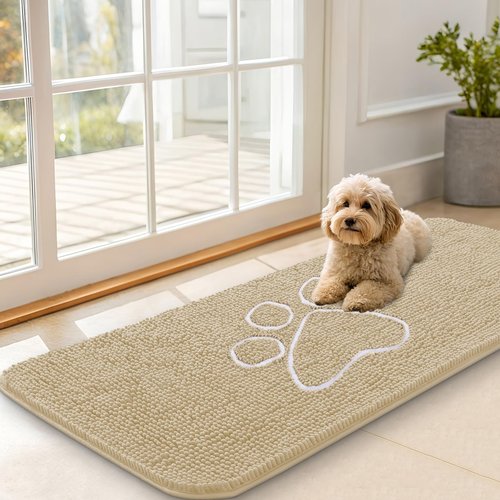 OLANLY Dog Door Mat for Muddy Paws 47x20, Paw Print Design, Absorbs Moisture and Dirt, Absorbent Non-Slip Washable Doormat, Quick Dry Chenille Mud Mat for Dogs, Entry Indoor Entryway Carpet, Beige
