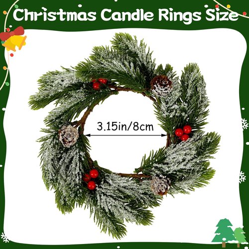 Jansun Christmas Candle Rings - 4 Pcs Red Berries & Pine Needles Mini Wreaths for Table Centerpieces