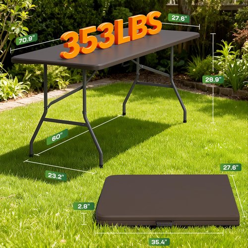 FDW 6 Foot Folding Table, Portable Plastic Table with Carrying Handle Perfect for Indoor, Outdoor, Party, Dining, Wedding, Events, Camping, Brown