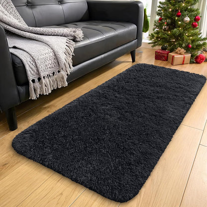 OLANLY Machine Washable Runner Rugs - Soft Fluffy Shaggy Design for Hallway & Bedroom | Black 2x12 ft