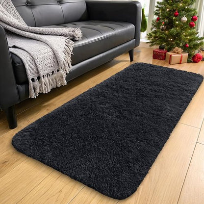 OLANLY 2x10 Machine Washable Runner Rugs for Hallway, Soft Fluffy Shaggy Bedside Rugs for Bedroom, Living Room, Indoor Floor Carpet for Kids Girls and Boys, Nursery Rooms, Home Decor Aesthetic, Black